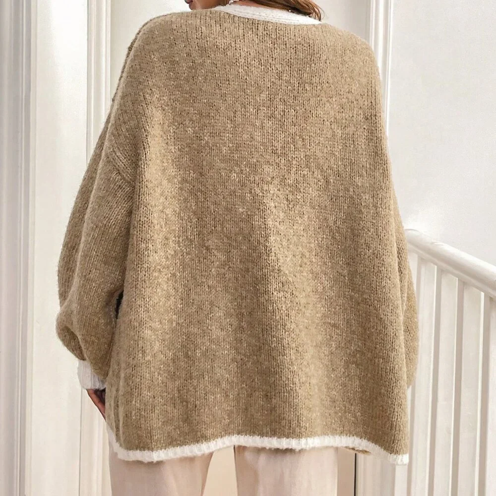 Khaki Casual Women's Loose Fit V-Neck Long Sleeve Cardigan - Picture 2 of 7